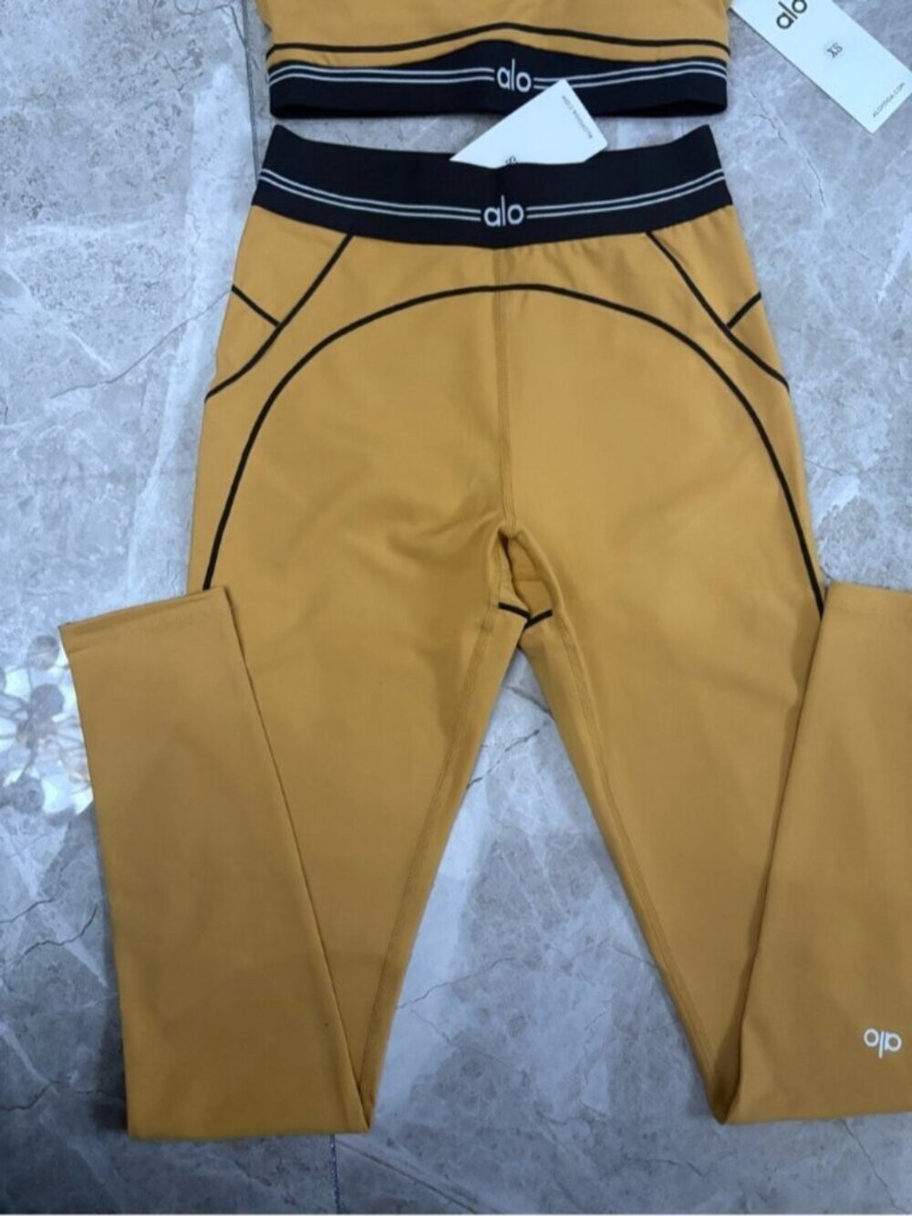 ALO Yoga Mustard Yellow & Black Piping Sports Bra and Leggings Set - Picture 2 of 5